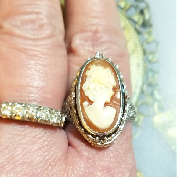 VTG FLIP RING Cameo/Onyx Sterling Silver Filigree - Picture 3 of 12
